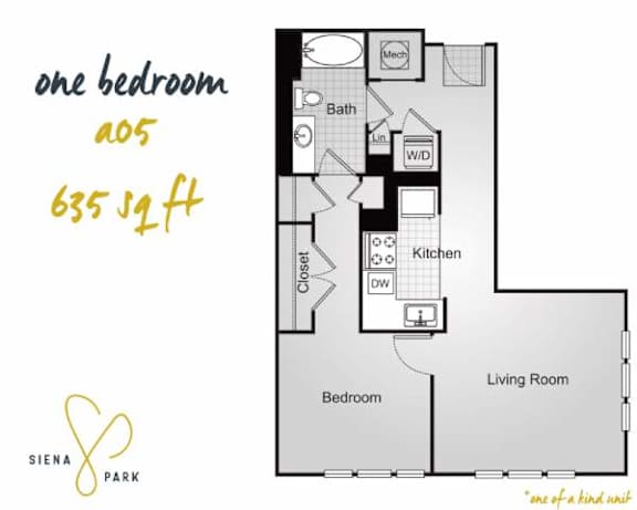 Floor Plan  A floor plan of a one bedroom apartment at Siena Park.