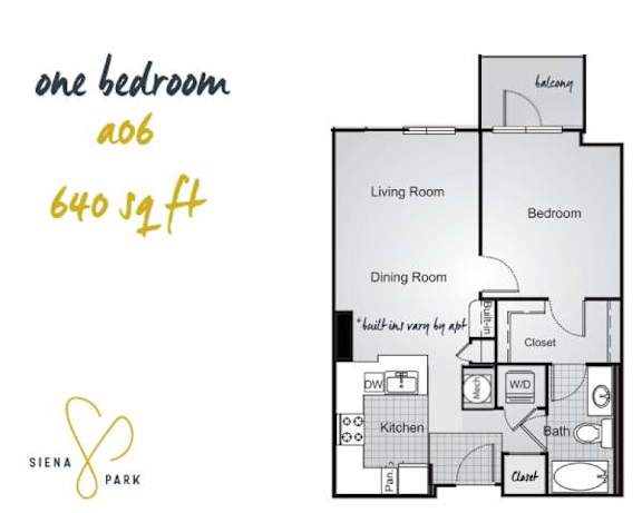 Floor Plan  A floor plan for a one bedroom apartment at Siena Park.