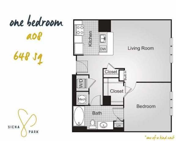 Floor Plan  A floor plan of a one bedroom apartment with a living room, kitchen, and bathroom.