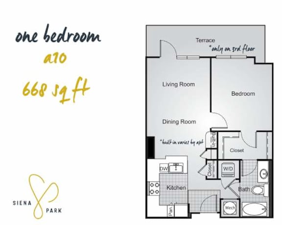 Floor Plan  A floor plan for a one bedroom apartment at Siena Park.