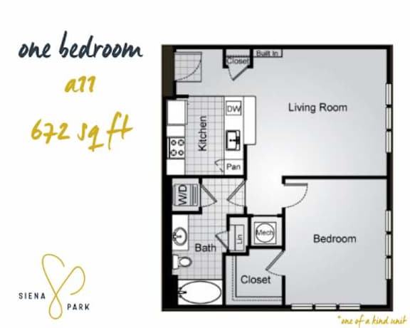 Floor Plan  A floor plan of a one bedroom apartment sized at 622 square feet.
