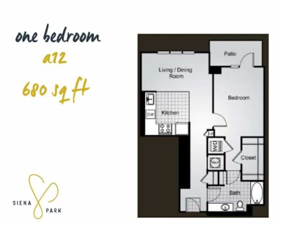 Floor Plan  A floor plan of a one bedroom apartment at Siena Park.
