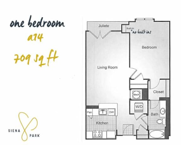 Floor Plan  A floor plan of a one bedroom apartment at Siena Park.