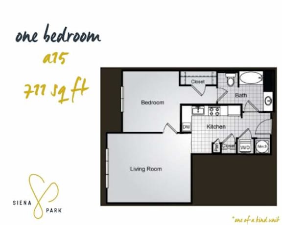 Floor Plan  A floor plan of a one bedroom apartment at Siena Park.