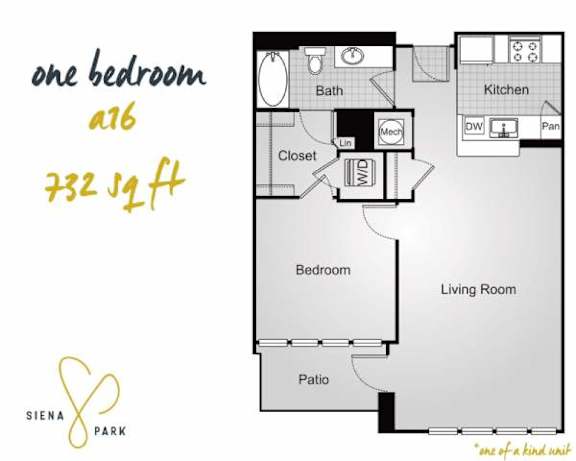 Floor Plan  A floor plan of a one bedroom apartment at Siena Park.