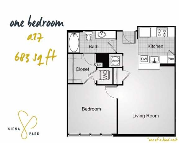 Floor Plan  A floor plan of a one bedroom apartment sized at 683 square feet.