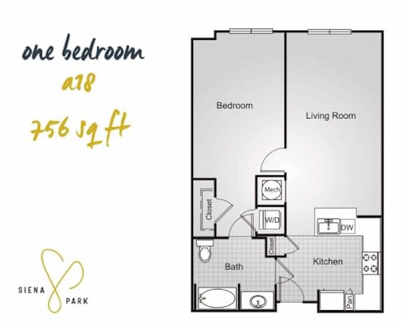 Floor Plan  A floor plan of a one bedroom apartment at Siena Park.