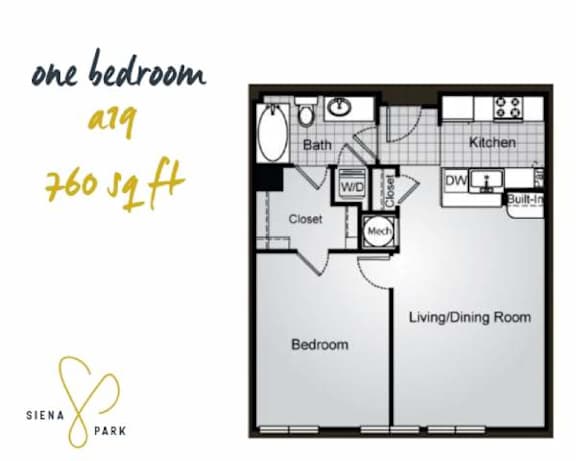 Floor Plan  A floor plan of a one bedroom apartment at Siena Park.