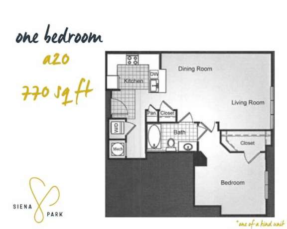 Floor Plan  A floor plan of a one bedroom apartment sized at 220 square feet.