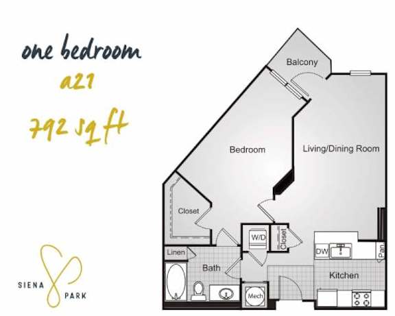 Floor Plan  A floor plan of a one bedroom apartment with a living/dining room, kitchen, bathroom, and balcony.