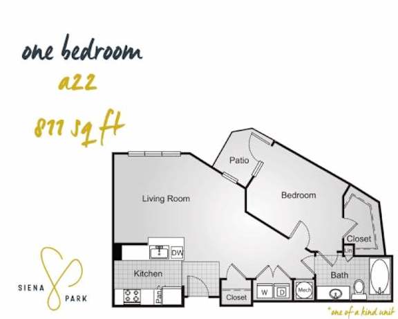 Floor Plan  A floor plan of a one bedroom apartment with a living room, kitchen, bath, and closet.