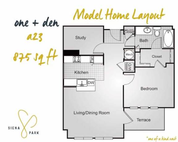 Floor Plan  A floor plan for a one-bedroom apartment in Siena Park shows a living area, kitchen, bathroom, and bedroom.