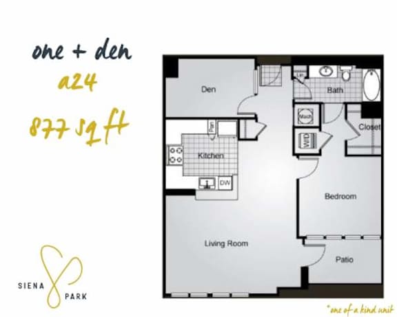 Floor Plan  A floor plan of a one bedroom apartment in Siena Park.