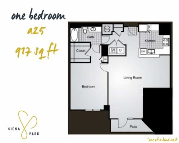 Floor Plan  A floor plan of a one bedroom apartment sized 25 square feet.