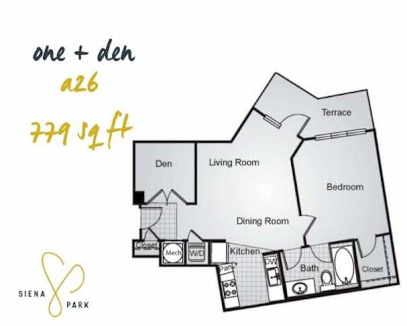 Floor Plan  A floor plan of a one bedroom apartment in Siena Park.
