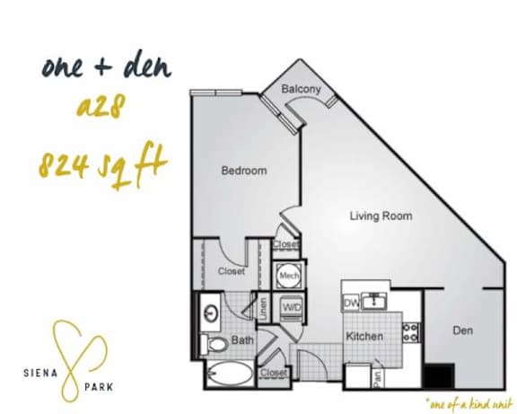 Floor Plan  A floor plan for a one bedroom apartment at Siena Park.