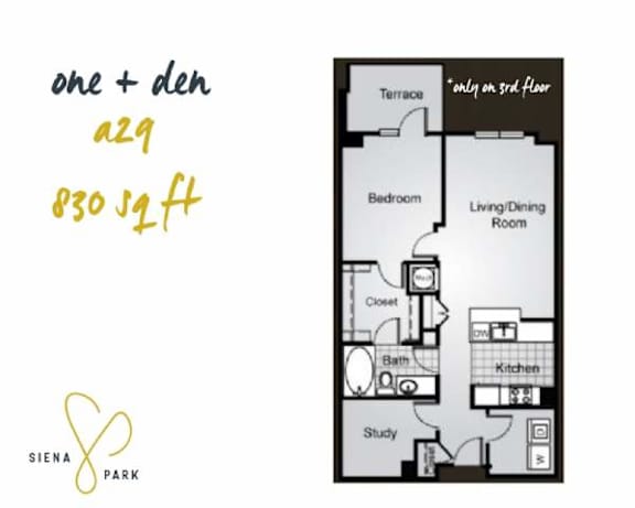 Floor Plan  A floor plan for a one and a half bedroom apartment at Siena Park.