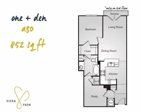 Floor Plan  A floor plan for a one and a half bedroom apartment at Siena Park.