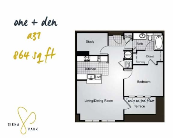 Floor Plan  A floor plan for a one and a half bedroom apartment at Siena Park.