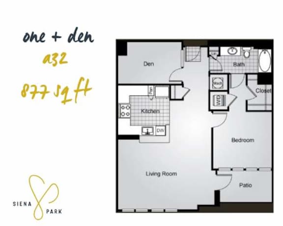 Floor Plan  A floor plan of a one bedroom apartment in Siena Park.