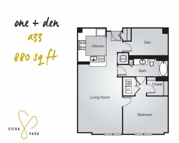 Floor Plan  A floor plan of a one bedroom apartment in Siena Park.