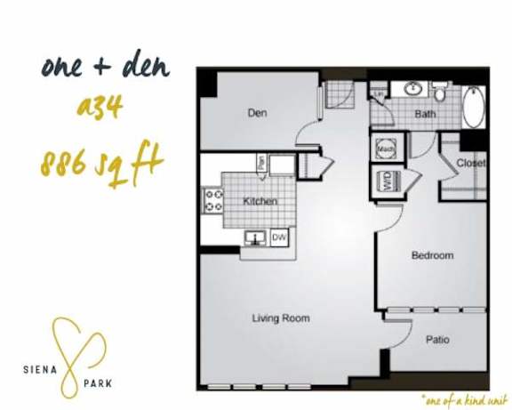 Floor Plan  A floor plan for a one and a half bedroom apartment at Siena Park.
