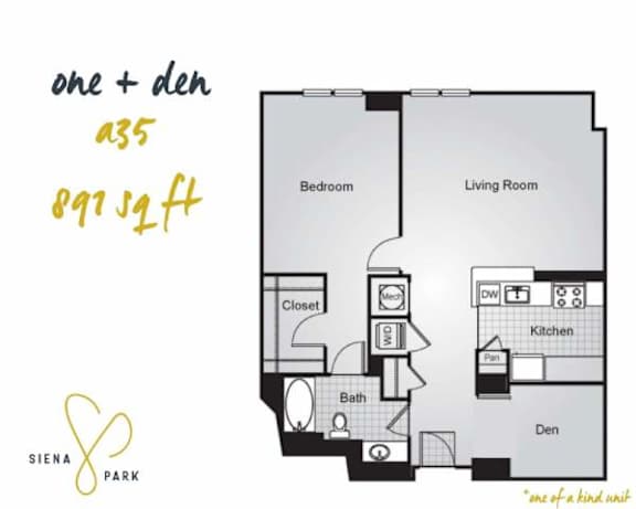 Floor Plan  A floor plan for a one and a half bedroom apartment at Siena Park.