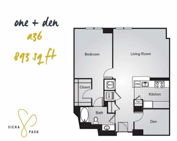 Floor Plan  A floor plan for a one bedroom apartment at Siena Park.