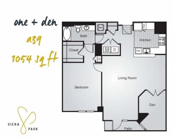 Floor Plan  A floor plan for a one and a half bedroom apartment at Siena Park.