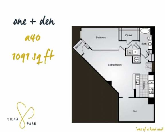 Floor Plan  A floor plan for a one and a half bedroom apartment at Siena Park.