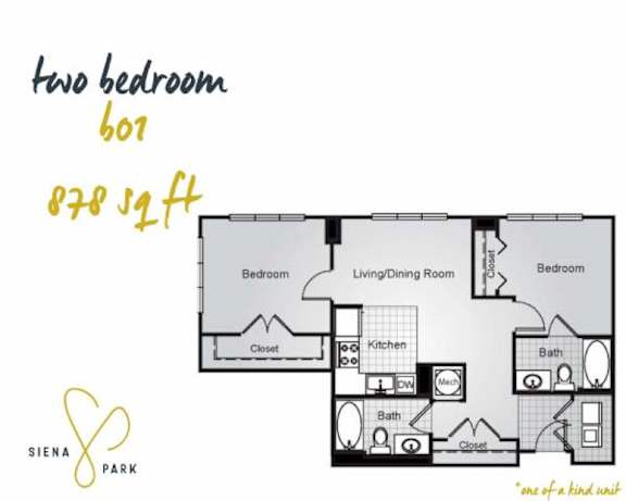 Floor Plan  A floor plan for a two bedroom, 601 square foot apartment.