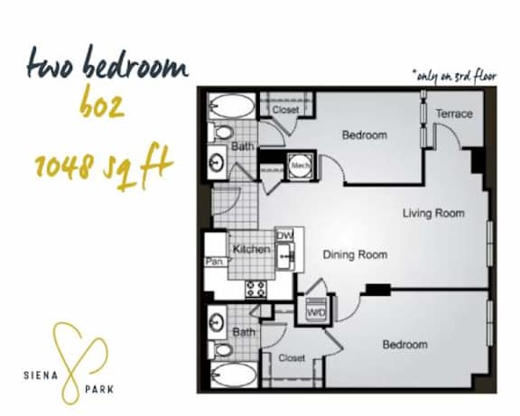 Floor Plan  A floor plan for a two bedroom, 602 square foot apartment.