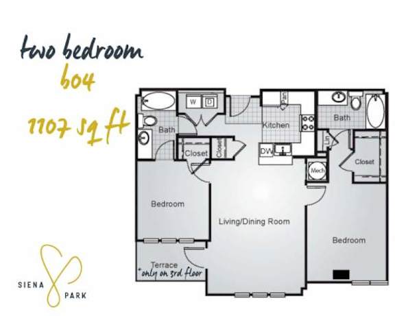 Floor Plan  A floor plan for a two bedroom, 604 square foot apartment at Siena Park.
