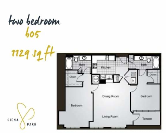 Floor Plan  A floor plan of a two bedroom apartment at Siena Park.