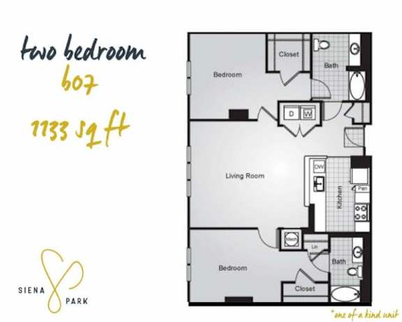 Floor Plan  A floor plan for a two bedroom, 607 square foot apartment at Siena Park.