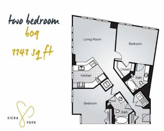 Floor Plan  A floor plan of a two bedroom, 60 square foot apartment.