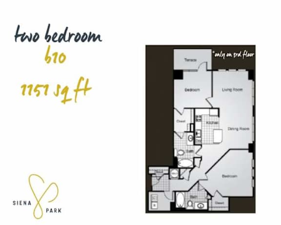 Floor Plan  A floor plan of a two bedroom, 610 square foot apartment at Siena Park.