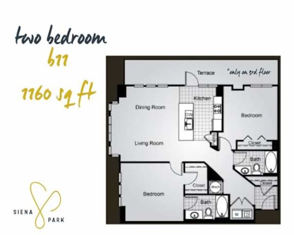 Floor Plan  A floor plan for a two bedroom, 611 square foot apartment at Siena Park.