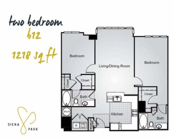 Floor Plan  A floor plan for a two bedroom, 612 square foot apartment at Siena Park.