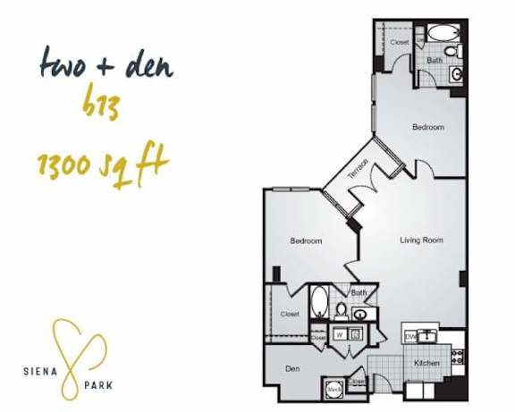Floor Plan  A floor plan for a two bedroom, two bathroom apartment at Siena Park.