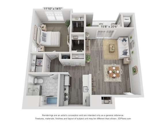 Floor Plan  A floor plan of a small apartment with a kitchen, living room, and bathroom.