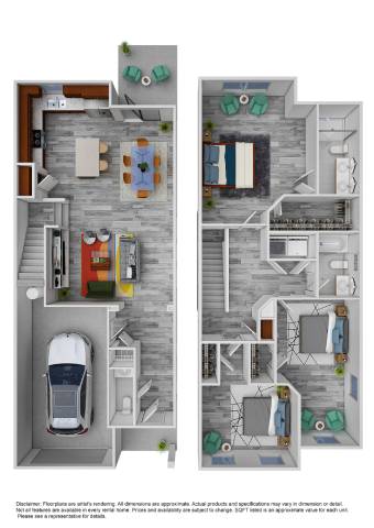 Floor Plan  a 3d rendering of a residential floor plan with a garage and a car