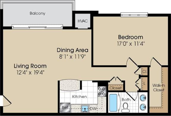 Floor Plan  A floor plan of a home with a living room, dining area, kitchen, and bedrooms.