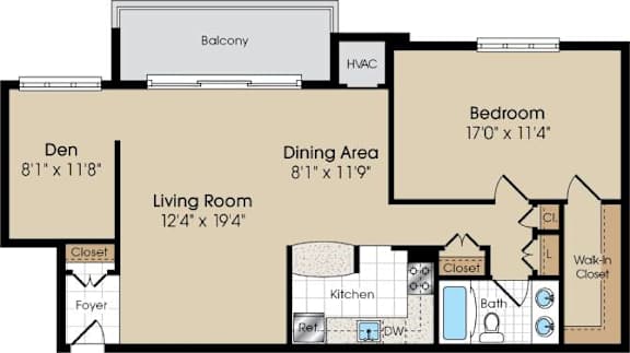 Floor Plan  A floor plan of a home with a living room, dining area, kitchen, and bedroom.