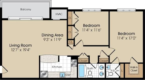 Floor Plan  A floor plan of a home with a living room, dining area, kitchen, two bedrooms, a bathroom, and a balcony.