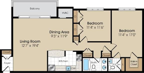 Floor Plan  A floor plan of a home with a living room, dining area, kitchen, and two bedrooms.