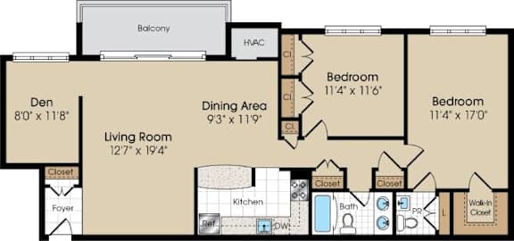 Floor Plan  A floor plan of an apartment with a living room, dining area, two bedrooms, and a balcony.