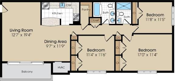 Floor Plan  A floor plan of a house with a living room, dining area, and three bedrooms.
