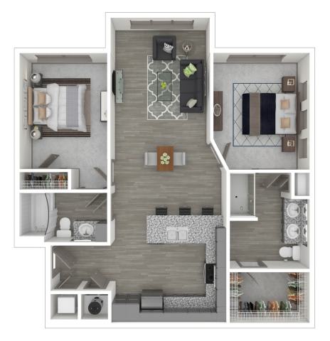 Floor Plan  A floor plan of a small apartment with a kitchen, living room, and bedroom.