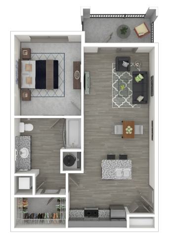 Floor Plan  A floor plan of a small apartment with a kitchen, living room, and bathroom.